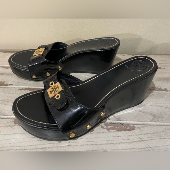 Tory Burch Leather Paten Leather Wedge Slide Sandel 8.5M Black - Picture 3 of 8
